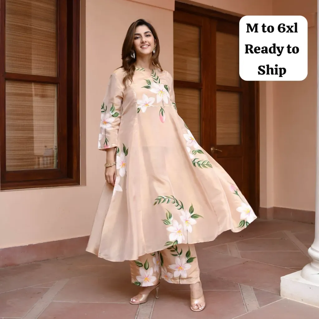 Soft Pink Floral Print Anarkali Kurti with Golden Lattice Neck Work | Long Flared Ethnic Gown for beautiful Women